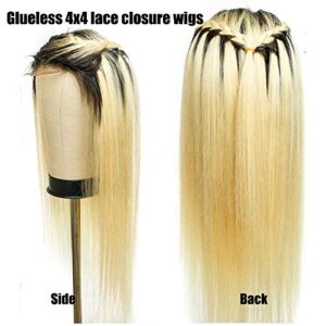 Ombre Blonde Lace Front Wigs 4x4 Closure Brazilian Human Hair #1B/613 Dark Roots Remy Hair Wig Pre Plucked Hairline Bleached Knots with Baby Hair Straight Long Colored Hair