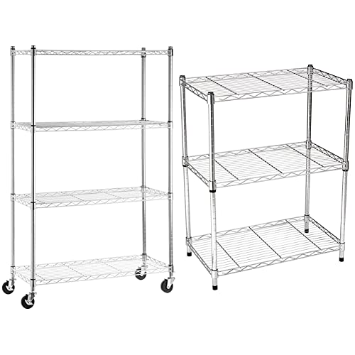 AmazonBasics 4-Shelf Shelving Storage Unit on 3'' Wheel Casters, Chrome Silver & 3-Shelf Adjustable, Heavy Duty Storage Shelving Unit (250 lbs per shelf), Steel Wire Rack, Chrome (23.3L x 13.4W x 30H)