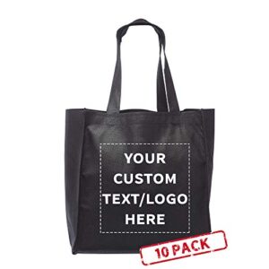 discount promos custom reusable cloth grocery shopping tote bags - 10 pack - personalized logo, text - foldable, washable, shopper bag - black