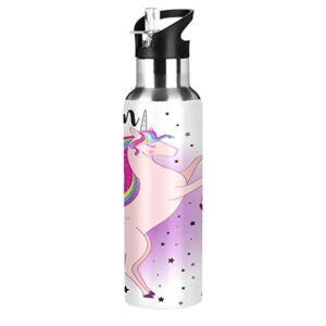 orezi cute unicorn magical rainbow star pink water bottle thermos with straw lid for boys girls,600 ml,leakproof stainless-steel sports bottle for women men teenage