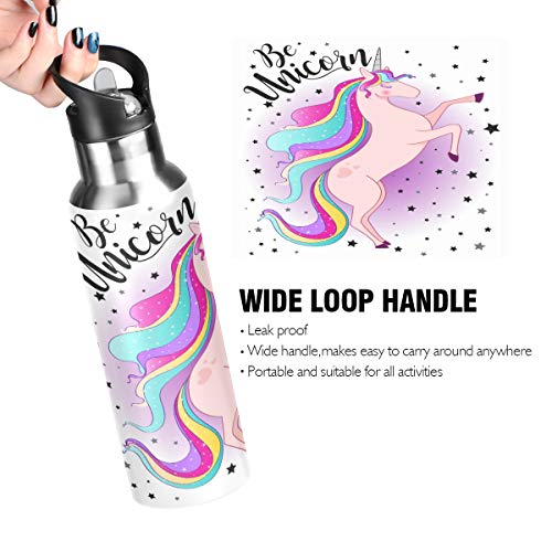 OREZI Cute Unicorn Magical Rainbow Star Pink Water Bottle Thermos with Straw Lid for Boys Girls,600 ml,Leakproof Stainless-Steel Sports Bottle for Women Men Teenage