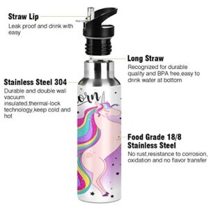 OREZI Cute Unicorn Magical Rainbow Star Pink Water Bottle Thermos with Straw Lid for Boys Girls,600 ml,Leakproof Stainless-Steel Sports Bottle for Women Men Teenage