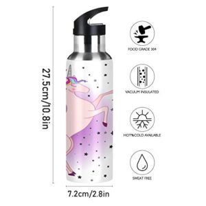 OREZI Cute Unicorn Magical Rainbow Star Pink Water Bottle Thermos with Straw Lid for Boys Girls,600 ml,Leakproof Stainless-Steel Sports Bottle for Women Men Teenage