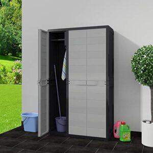 POCREATION Garden Storage Cabinet,Lockable Black&Gray Polypropylene Storage Cabinet Outdoor Storage Shed Cabinet with 4 Shelves for Patio, Tool,Garage Organization