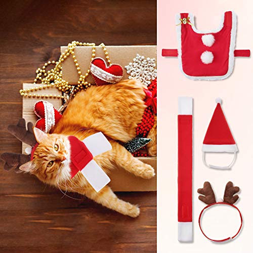 Syhood 4 Pieces Cat Christmas Costume Outfit Adjustable Cat Apparel Costume Cat Santa Christmas Hat and Scarf Cat Reindeer Antler Hat for Christmas Party Cosplay