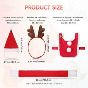 Syhood 4 Pieces Cat Christmas Costume Outfit Adjustable Cat Apparel Costume Cat Santa Christmas Hat and Scarf Cat Reindeer Antler Hat for Christmas Party Cosplay