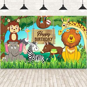 jungle animal theme backdrop for birthday party, large fabric safari animal elements printed happy birthday backdrop funny cartoon forest background for birthday party decorations, 6 x 3.6 ft