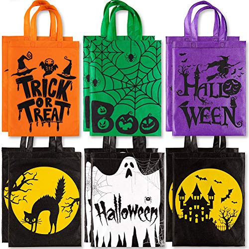 Whaline 12 Pack Halloween Trick or Treat Bags Non-Woven Tote Gift Bag Skull Pumpkin Web Spider Witch Candy Bags Reusable Goodie Treat Bag with Handle for Halloween Party Favors, 12 x 15"