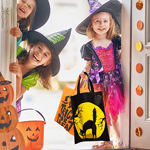 Whaline 12 Pack Halloween Trick or Treat Bags Non-Woven Tote Gift Bag Skull Pumpkin Web Spider Witch Candy Bags Reusable Goodie Treat Bag with Handle for Halloween Party Favors, 12 x 15"