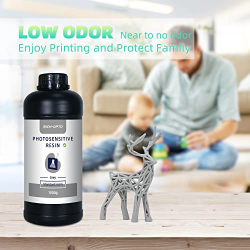 RICH-OPTO 3D Printer Resin UV-Curing 405nm Rapid High Precision Quick Curing Standard Photopolymer Resolution Low Odor for LCD 3D Printing Liquid Grey 1000g