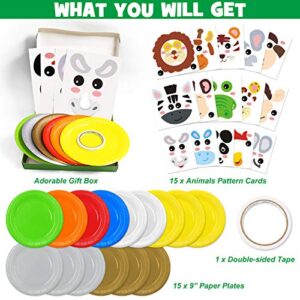 15pcs Paper Plate Art Kit for Kids Toddler Crafts Safari Jungle Animals Art Kits Simple DIY Animals Paper Plate for Boys Girls Craft Parties Groups and Classroom