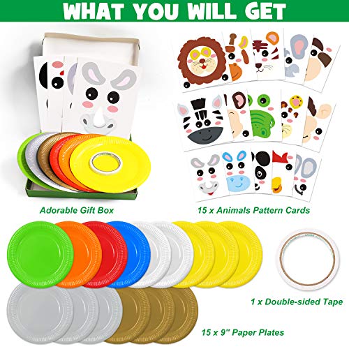 15pcs Paper Plate Art Kit for Kids Toddler Crafts Safari Jungle Animals Art Kits Simple DIY Animals Paper Plate for Boys Girls Craft Parties Groups and Classroom