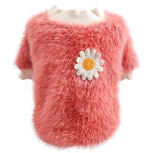 LOYY Dog Sweaters for Small Dogs Girl Daisy Style Plush Round Neck Flowers Sweater Autumn Winter Warm Puppy Girl Fleece Sweater for Small Medium Dogs,pink,Large