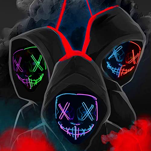 Halloween Purge Mask Light Up Scary Mask EL Wire LED Mask for Festival Party Gifts (Blue-Pink)