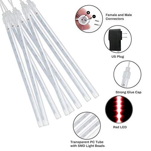 Number-One Meteor Shower Lights, LED Falling Rain Lights 30cm 8 Tube 192 LEDs Falling Raindrop Light, Waterproof Icicle Snow Fall String Lights for Xmas Tree Parties Wedding Garden (Red)