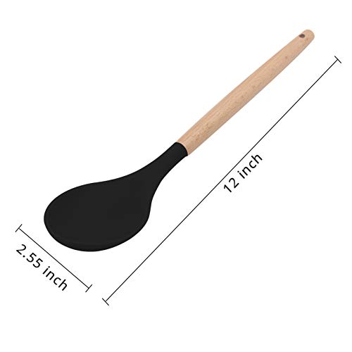 KUFUNG Silicone Spoonula, High Heat Resistant to 480°F, BPA Free, Wooden Handle Nonstick Spatula Spoon, Mix Thick Batters, Scrape Sauces, Stir Pasta & More (Black)