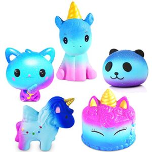 zyzzyzy galaxy unicorn squishies toy set - starry squishys cat, unicorn cake, unicorn horse, unicorn rabbit, panda kawaii slow rising squishy toys for kids adults stress relief toy(5 packs)