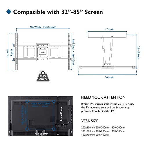 BONTEC Full Motion TV Wall Mount for 32-85 inch LED LCD OLED TVs, Swivel Tilt Level TV Mount Bracket with Articulating Dual Arms Hold up to 132lbs, Max VESA 600x400mm, Fits 12” 16" Studs