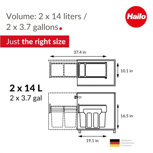 Hailo Ecoline Design L | Built-in Pull-Out Waste Separation System | 2 x 14 L / 2 x 3.7 gal Recycling Trash can (Black) | Removable Bins Made from 100% Recycled Plastic