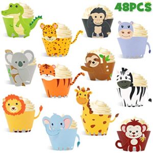 48pcs Jungle Safari Animal Cupcake Wrapper Wild One Birthday Photo Booth Props Zoo Party Supplies Baby Shower Birthday Decorations Zoo Animals Party Decor