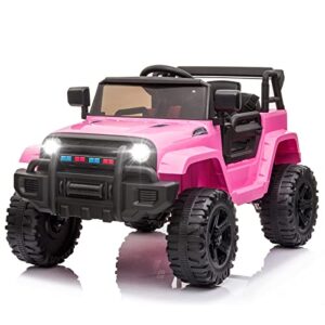 joymor ride on truck with remote control, 4 wheels 12v battery powered kids car, with led headlight/horn button/ mp3 player/usb port/forward backward/kids girl boy (pink)