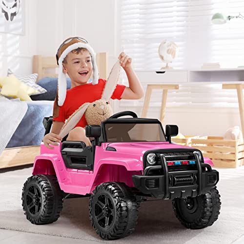 JOYMOR Ride on Truck with Remote Control, 4 Wheels 12V Battery Powered Kids Car, with LED Headlight/Horn Button/ MP3 Player/USB Port/Forward Backward/Kids Girl Boy (Pink)