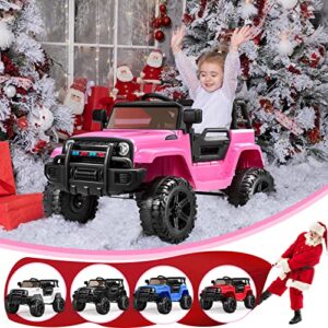 JOYMOR Ride on Truck with Remote Control, 4 Wheels 12V Battery Powered Kids Car, with LED Headlight/Horn Button/ MP3 Player/USB Port/Forward Backward/Kids Girl Boy (Pink)