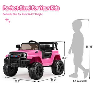 JOYMOR Ride on Truck with Remote Control, 4 Wheels 12V Battery Powered Kids Car, with LED Headlight/Horn Button/ MP3 Player/USB Port/Forward Backward/Kids Girl Boy (Pink)