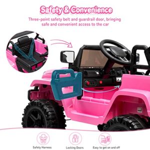 JOYMOR Ride on Truck with Remote Control, 4 Wheels 12V Battery Powered Kids Car, with LED Headlight/Horn Button/ MP3 Player/USB Port/Forward Backward/Kids Girl Boy (Pink)