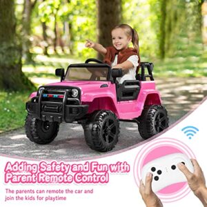 JOYMOR Ride on Truck with Remote Control, 4 Wheels 12V Battery Powered Kids Car, with LED Headlight/Horn Button/ MP3 Player/USB Port/Forward Backward/Kids Girl Boy (Pink)