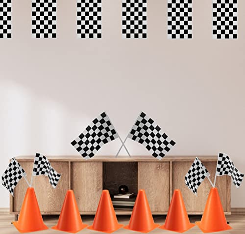 Traffic Cones and Racing Checkered Flags - (24 Pcs) 12 - Black and White Flags on Sticks and 12 – 7-Inch Mini Orange Sports Safety Cones for Kids - Race Car Theme Birthday Party Supplies