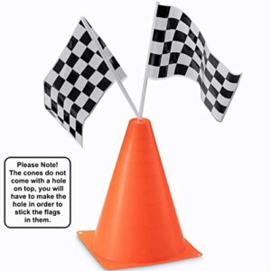 Traffic Cones and Racing Checkered Flags - (24 Pcs) 12 - Black and White Flags on Sticks and 12 – 7-Inch Mini Orange Sports Safety Cones for Kids - Race Car Theme Birthday Party Supplies