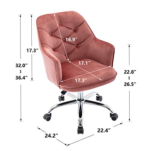 Henf Velvet Home Office Chair on Wheels, 360° Swivel Chair Desk Chairs Vanity Chair Modern Tufted Chair with Armrest, Height Adjustable Comfortable Upholstered Office Chair Task Chair (Warm Pink)