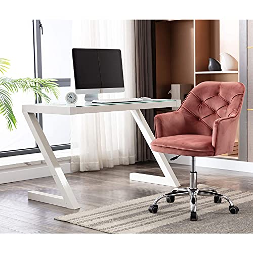 Henf Velvet Home Office Chair on Wheels, 360° Swivel Chair Desk Chairs Vanity Chair Modern Tufted Chair with Armrest, Height Adjustable Comfortable Upholstered Office Chair Task Chair (Warm Pink)