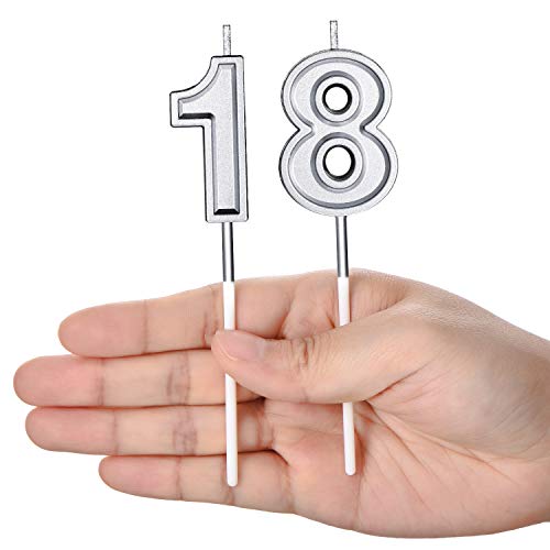 18th Birthday Candles Cake Numeral Candles Happy Birthday Cake Candles Topper Decoration for Birthday Party Wedding Anniversary Celebration Supplies (Silver)