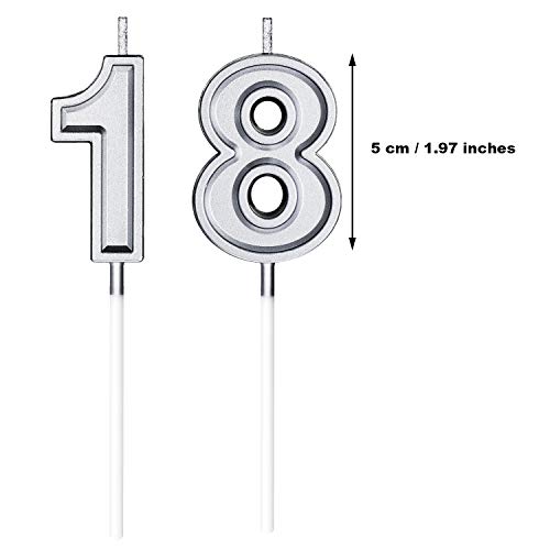 18th Birthday Candles Cake Numeral Candles Happy Birthday Cake Candles Topper Decoration for Birthday Party Wedding Anniversary Celebration Supplies (Silver)