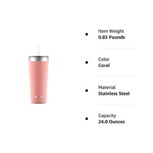 Ello Beacon Vacuum Insulated Stainless Steel Tumbler with Slider Lid and Optional Straw, 24 oz, Coral