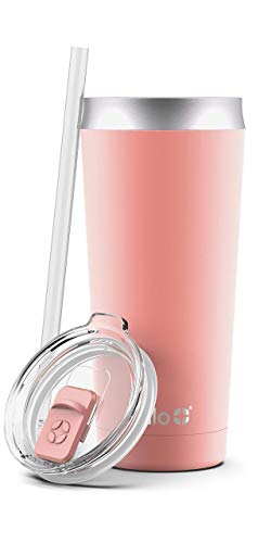 Ello Beacon Vacuum Insulated Stainless Steel Tumbler with Slider Lid and Optional Straw, 24 oz, Coral