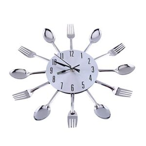 kitchen wall decor, stainless steel large 3d mirror modern design cutlery kitchen utensil spoon fork wall clock for kitchen or eating area decoration