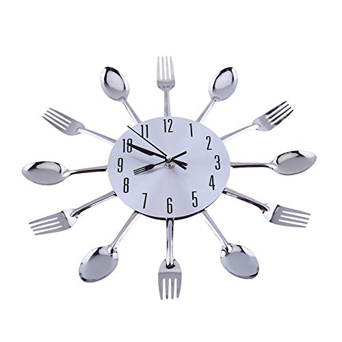 Kitchen Wall Decor, Stainless Steel Large 3D Mirror Modern Design Cutlery Kitchen Utensil Spoon Fork Wall Clock for Kitchen or Eating Area Decoration