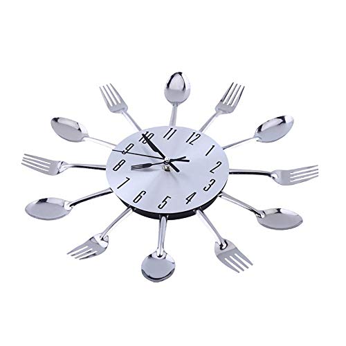 Kitchen Wall Decor, Stainless Steel Large 3D Mirror Modern Design Cutlery Kitchen Utensil Spoon Fork Wall Clock for Kitchen or Eating Area Decoration