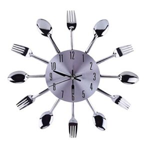 Kitchen Wall Decor, Stainless Steel Large 3D Mirror Modern Design Cutlery Kitchen Utensil Spoon Fork Wall Clock for Kitchen or Eating Area Decoration