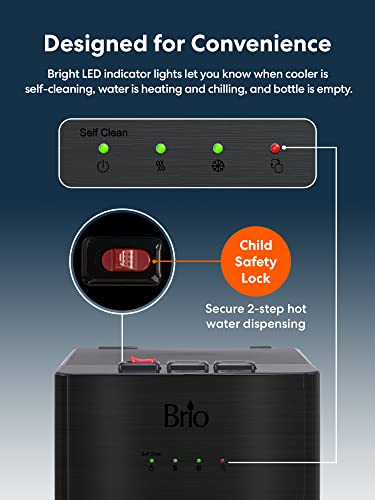 Brio CLBL520SCBLK Self-Cleaning Bottom Load Water Cooler Dispenser for 3 & 5 Gallon Bottles – Hot, Room & Cold Spouts, Child-Safety Lock, LED Display & Night Light, Black Stainless Steel