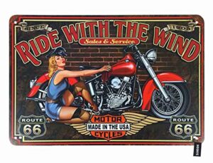 hosnye motor cycles pin up girl tin sign beautiful woman quote with ride with the wind red backdrop tin sign vintage metal tin signs for men women wall art decor for home bars clubs cafes 8x12 inch