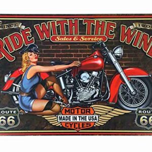 HOSNYE Motor Cycles Pin Up Girl Tin Sign Beautiful Woman Quote with Ride with The Wind Red Backdrop Tin Sign Vintage Metal Tin Signs for Men Women Wall Art Decor for Home Bars Clubs Cafes 8x12 Inch