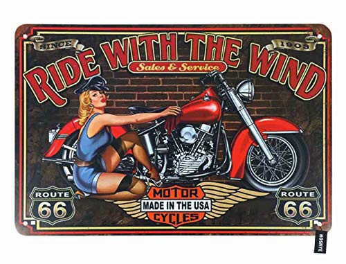 HOSNYE Motor Cycles Pin Up Girl Tin Sign Beautiful Woman Quote with Ride with The Wind Red Backdrop Tin Sign Vintage Metal Tin Signs for Men Women Wall Art Decor for Home Bars Clubs Cafes 8x12 Inch