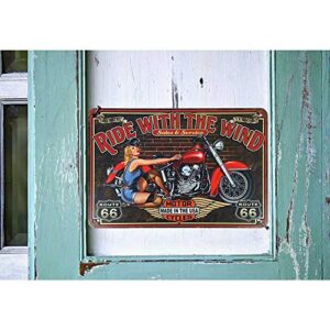 HOSNYE Motor Cycles Pin Up Girl Tin Sign Beautiful Woman Quote with Ride with The Wind Red Backdrop Tin Sign Vintage Metal Tin Signs for Men Women Wall Art Decor for Home Bars Clubs Cafes 8x12 Inch