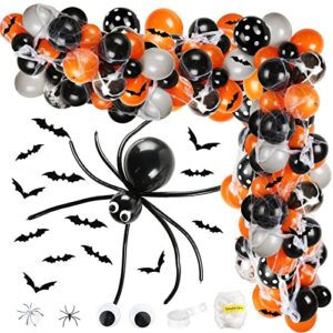 aboofx 145 pack halloween balloon garland arch kit include black agate marble balloons, black polka dot balloons, spider web and 3d bat for halloween decoration