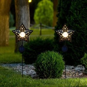 Solar Lights Garden Outdoor Large Star Solar Light Crackle Glass Globe Metal Decoration Solar Stakes Lights IP65 Waterproof Led Llight for Pathway, Yard, Patio, Lawn, Driveway, Landscape (1 Pack)