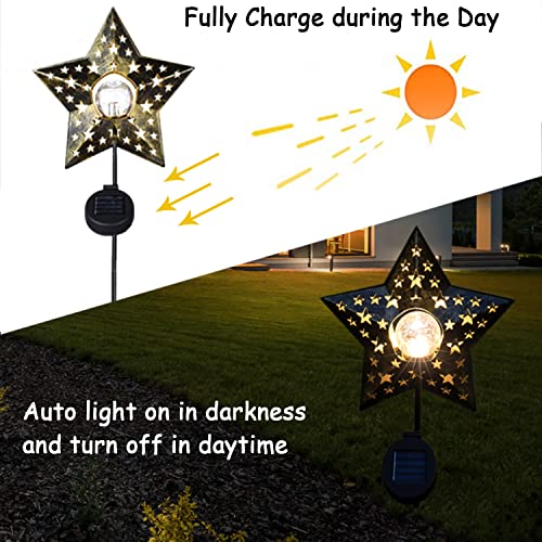 Solar Lights Garden Outdoor Large Star Solar Light Crackle Glass Globe Metal Decoration Solar Stakes Lights IP65 Waterproof Led Llight for Pathway, Yard, Patio, Lawn, Driveway, Landscape (1 Pack)